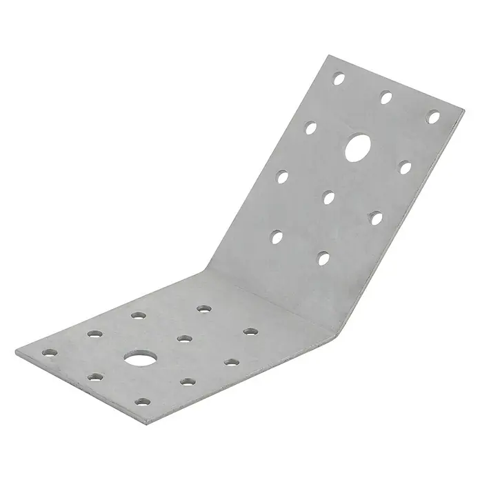 Suki Escuadra de silla 135 MD - L x An x Al: 90 x 90 x 65 mm, Acero inoxidable - Un soporte angular de metal con múltiples agujeros y un acabado plateado, diseñado para conexiones estructurales robustas.