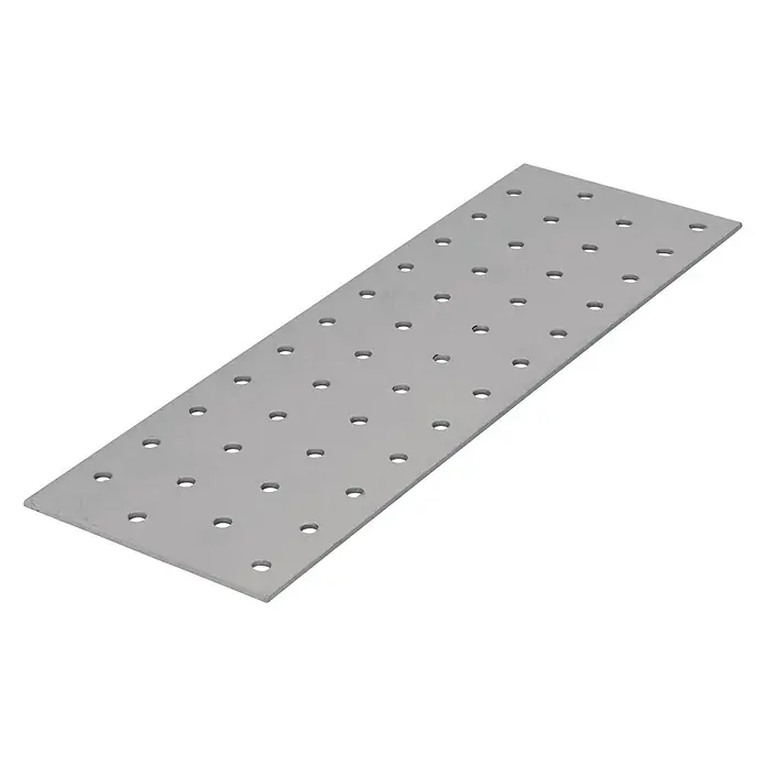 Suki Chapa de unión - L x An: 240 x 80 cm - Placa perforada gris para construcción con orificios espaciados regularmente sobre fondo negro.