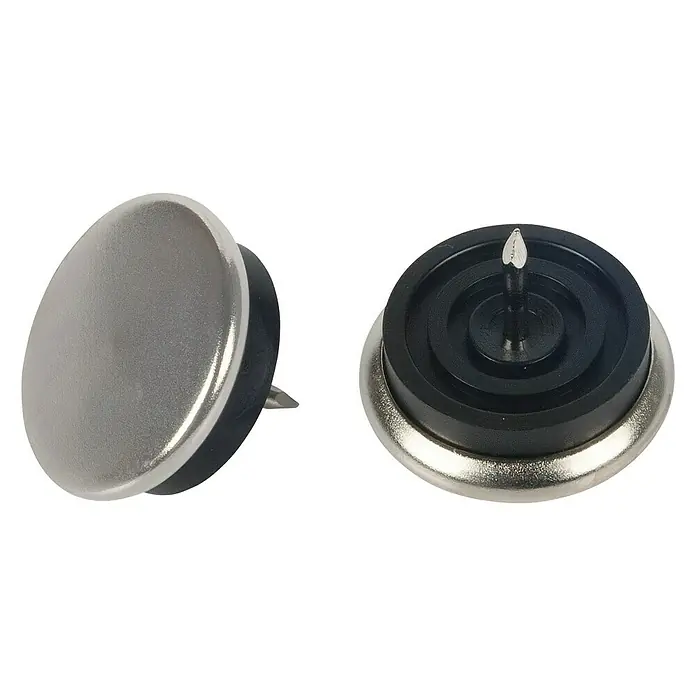 Suki Taco de teflón para patas con clavo - Diámetro: 30 mm, Acero, 4 ud. - Dos deslizadores para muebles con carcasa metálica y aguja para fijación sobre fondo negro.