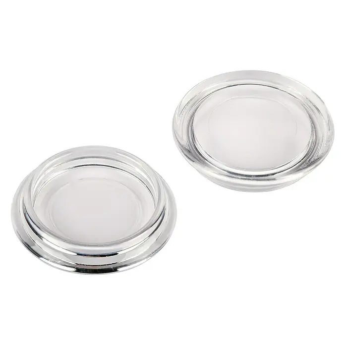 Fix-o-moll Möbeluntersetzer - Durchmesser: 30 mm - Zwei klare, runde Glasbehälter, ideal für Kosmetik oder kleine Mengen anderer Produkte, auf einem schwarzen Hintergrund.