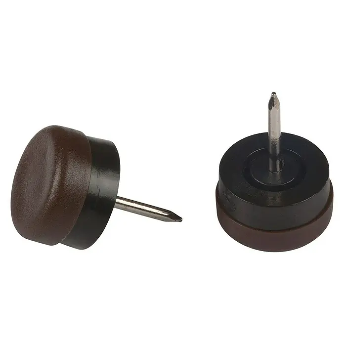 Suki Protector para muebles con clavo - Diámetro: 18 mm - Dos deslizadores de fieltro marrón y negro con clavo para muebles sobre fondo negro.