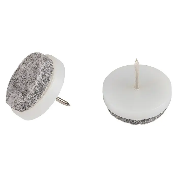 Suki Protector para muebles con clavo - Diámetro: 24 mm, Blanco, 8 ud. - Dos deslizadores de fieltro con clavo para muebles, diseñados para proteger los pisos de arañazos, con cuerpo de plástico blanco y superficie de deslizamiento de fieltro gris.