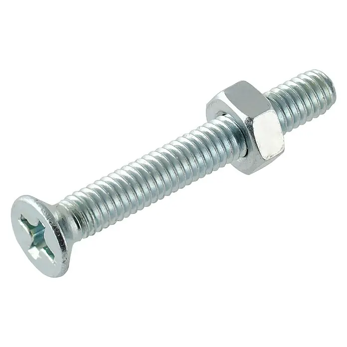 Suki Tornillo avellanado - Ø x L: 2 x 20 mm, Acero, Cabezal avellanado, 10 pzs. - Primer plano de un tornillo con tuerca, un elemento de fijación metálico. Ideal para proyectos de bricolaje y construcción.