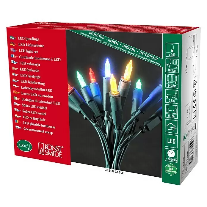 Konstsmide LED-Lichterkette - Innen, Lichtfarbe: Mehrfarbig, Anzahl Leuchtmittel: 100 Stk., Netzbetrieben - Mehrfarbige LED-Lichterkette (100 Birnen) mit grünem Kabel für den Innenbereich, verpackt in einer Produktbox.
