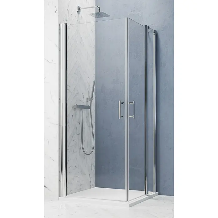 GEO Hit Pro Eckdusche B-PE120L x B x H: 90 x 90 x 202,2 cm, Beschichtet, Stärke: 6 mm, Chrom - Aufnahme einer modernen Duschkabine mit Glaswänden und silbernen Rahmen. Inklusive Duschkopf und Handbrause.