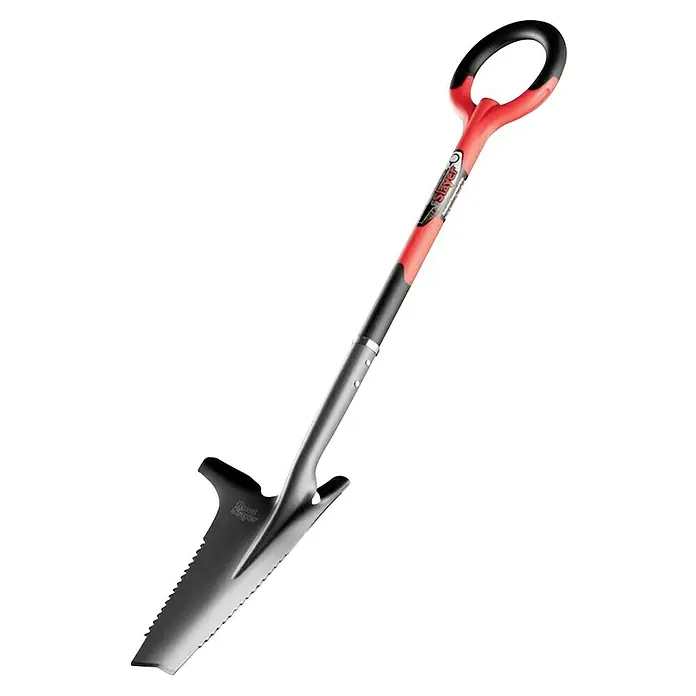 Root Slayer Rodespaten 5in1Mit Tritt, Länge: 113 cm - Hier ist das Bild eines roten und schwarzen Root Slayer-Grabspatens.
