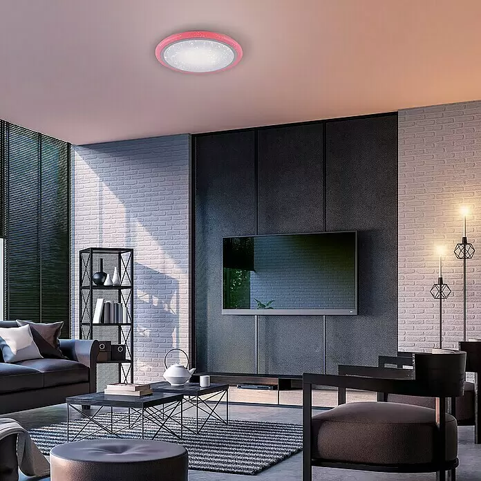 Paul Neuhaus LED-Deckenleuchte rund Luisa - 28 W, Chrom, Warmweiß - Runde pinkfarbene Deckenleuchte mit Glitzereffekt, an der Decke eines modernen Wohnzimmers.