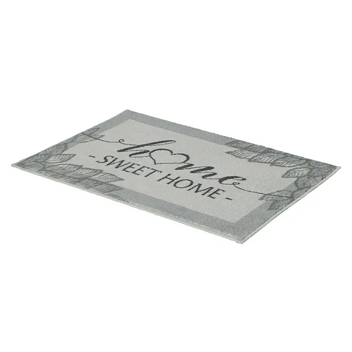 Fußmatte Home Sweet Home - Grau, 60 x 80 cm, 100 % Polyester - Eine rechteckige, graue Fußmatte mit der Aufschrift "Home Sweet Home" und einem Blattmuster am Rand.