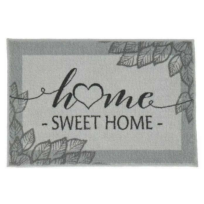 Fußmatte Home Sweet Home - Grau, 60 x 80 cm, 100 % Polyester - Eine graue Fußmatte mit der Aufschrift "Home Sweet Home" und einem dekorativen Blätterrahmen. Sie ist ideal für den Eingangsbereich.