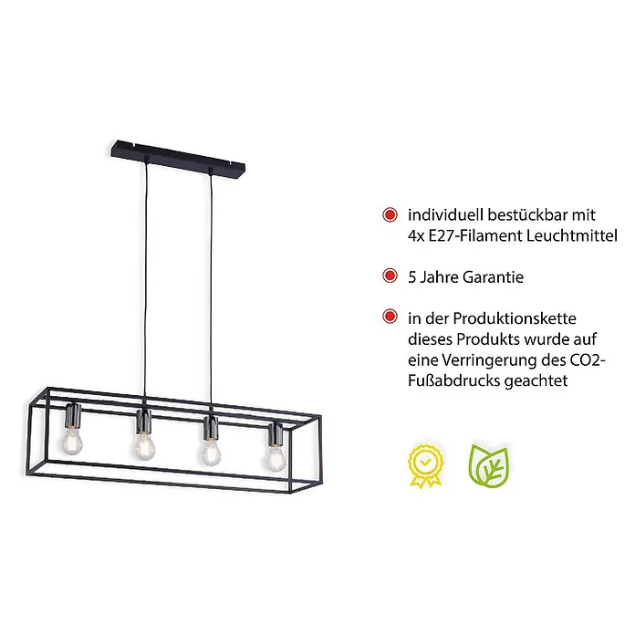 Paul Neuhaus Pendelleuchte Fabio - 60 W, L x B x H: 80 x 20 x 120 cm, Schwarz - Pendelleuchte mit schwarzem Rahmen und vier E27-Filament Leuchtmitteln für eine stilvolle Beleuchtung.