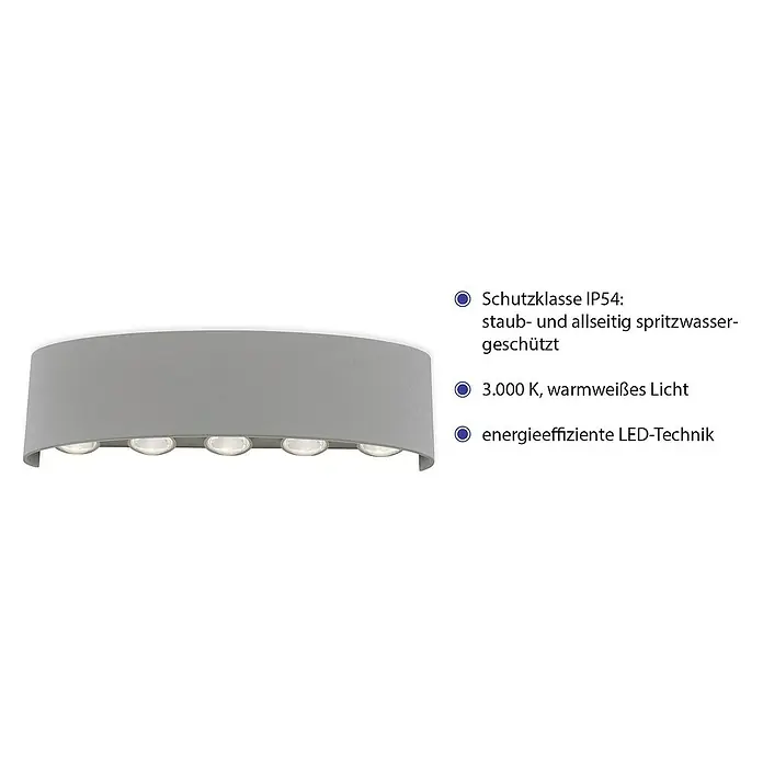 Paul Neuhaus LED-Wandleuchte Carlo - 18 W, L x B x H: 27 x 4,7 x 8 cm, Stahl - Nahaufnahme einer modernen, grauen LED-Wandleuchte mit warmweißem Licht und Staub- sowie Spritzwasserschutz gemäß IP54.