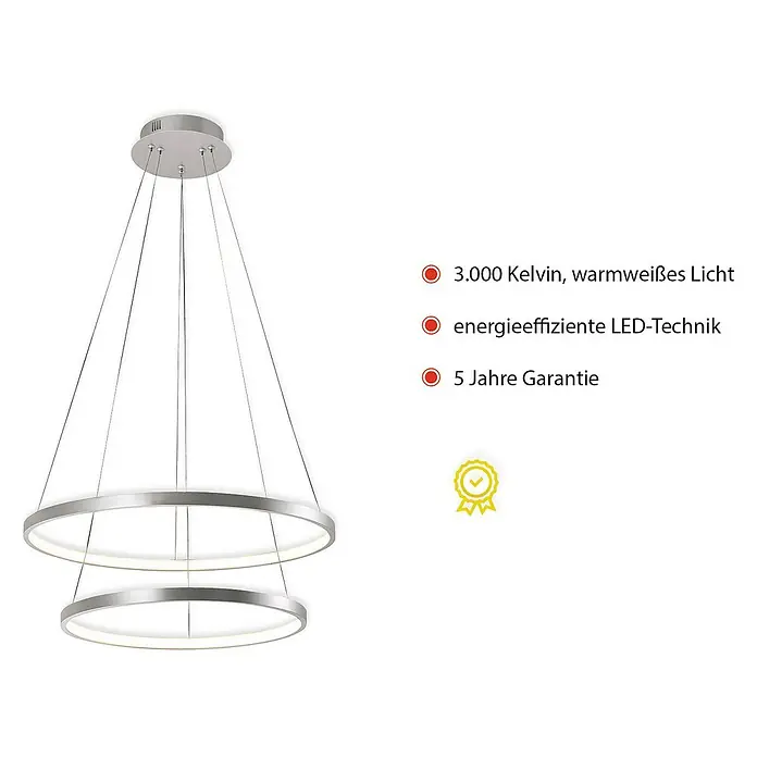 Paul Neuhaus LED-Pendelleuchte rund Circle - 30,8 W, Stahl, Warmweiß - Elegante LED-Hängeleuchte mit zwei Ringen in Silberoptik, die ein warmweißes Licht verbreitet und energieeffiziente LED-Technik sowie 5 Jahre Garantie bietet.