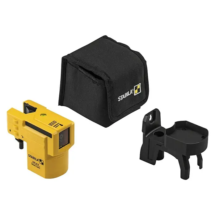Stabila Kreuzlinienlaser LAX 50 G - Max. Arbeitsbereich: 30 m - Produktbild des Stabila LAX 300 G Linienlasers mit Zubehör, inklusive Tasche und Halterung. Präzises Nivellieren für Profis.