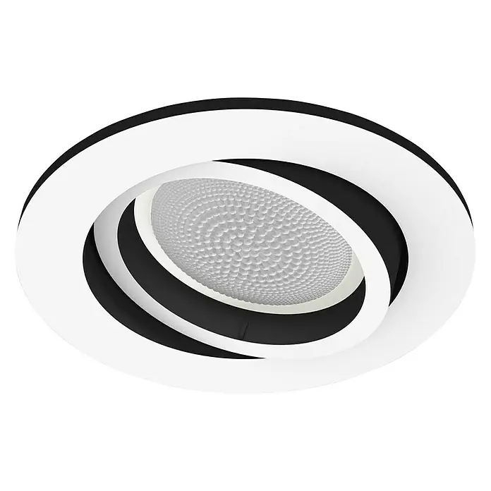 Philips Hue LED-Einbauleuchte Centura White & Color Ambiance - 5,7 W, RGBW, Durchmesser: 9 cm, Weiß - Nahaufnahme einer modernen, runden LED-Deckenleuchte mit einem stilvollen, konzentrischen Design in Schwarz und Weiß für Innenräume.