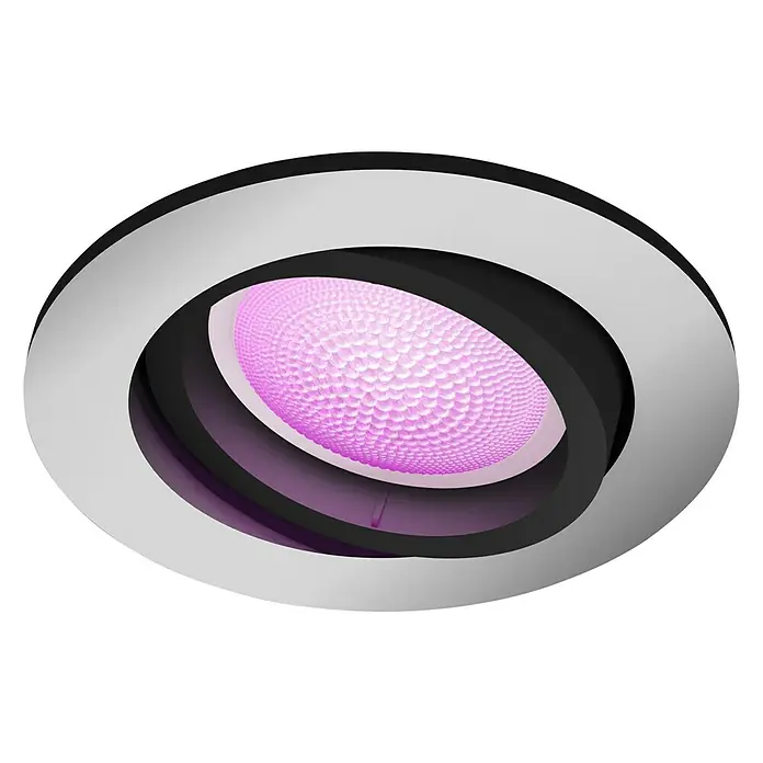 Philips Hue LED-Einbauleuchte Centura White & Color Ambiance - 5,7 W, RGBW, Durchmesser: 9 cm, Aluminium - Nahaufnahme einer modernen Deckenleuchte mit lila Licht, umgeben von einem silbernen und schwarzen Rahmen. Elegantes Design für stilvolle Beleuchtung.