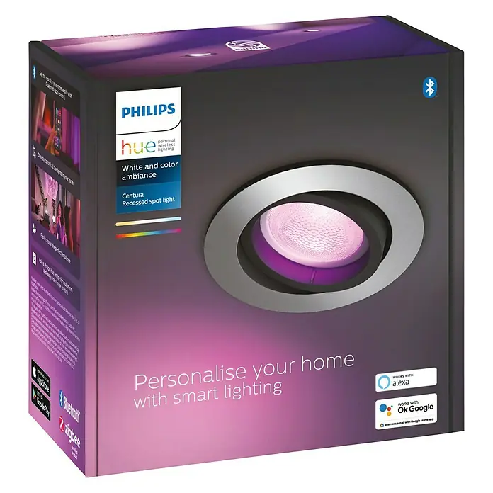Philips Hue LED-Einbauleuchte Centura White & Color Ambiance - 5,7 W, RGBW, Durchmesser: 9 cm, Aluminium - Das Produkt ist eine Philips Hue Centura Einbauleuchte für ein personalisiertes Beleuchtungserlebnis im Zuhause.