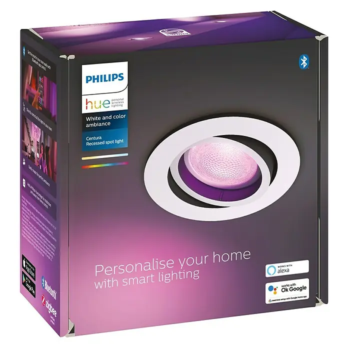 Philips Hue LED-Einbauleuchte Centura White & Color Ambiance - 5,7 W, RGBW, Durchmesser: 9 cm, Weiß - Verpackung der Philips Hue Centura LED-Deckenleuchte mit Farbwechsel und Smart Home Integration.