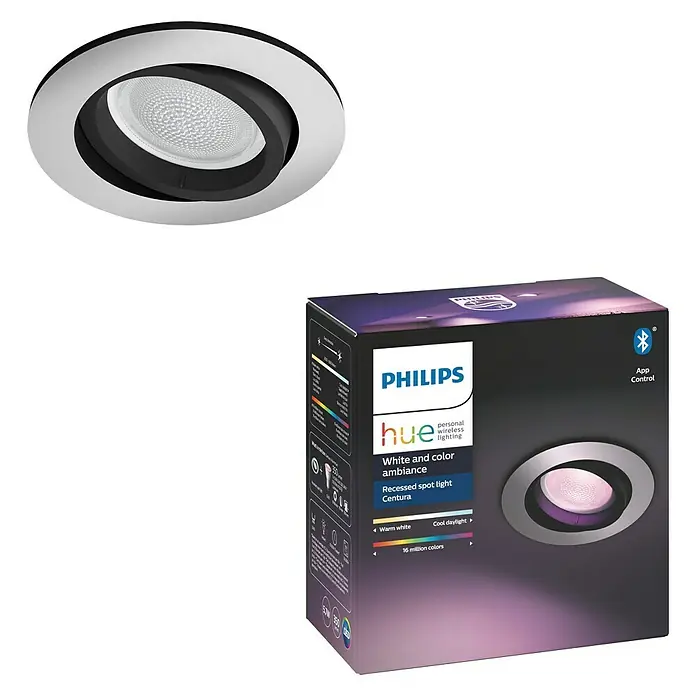 Philips Hue LED-Einbauleuchte Centura White & Color Ambiance - 5,7 W, RGBW, Durchmesser: 9 cm, Weiß - Philips Hue Centura: Smarter, farbiger Einbaustrahler für stimmungsvolle Beleuchtung mit App-Steuerung und 16 Millionen Farben.