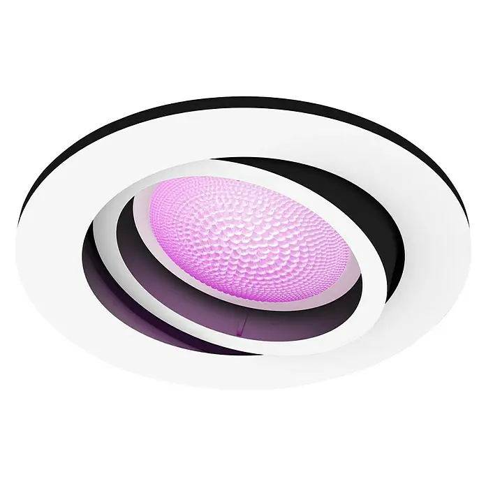 Philips Hue LED-Einbauleuchte Centura White & Color Ambiance - 5,7 W, RGBW, Durchmesser: 9 cm, Weiß - Abstraktes Bild einer modernen Deckenleuchte mit einem runden, weißen Rahmen und einem leuchtenden, pinkfarbenen Zentrum.