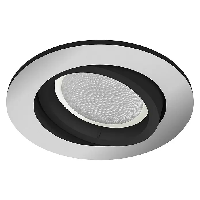 Philips Hue LED-Einbauleuchte Centura White & Color Ambiance - 5,7 W, RGBW, Durchmesser: 9 cm, Aluminium - Nahaufnahme einer schwarzen und silbernen LED-Deckenleuchte mit kugelförmiger Lampenabdeckung.