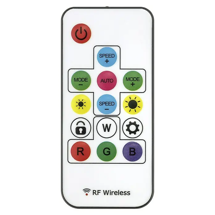 Tween Light Lámpara de pie LED Anzio - 19 W, Altura: 140 cm, Negro, RGB - Primer plano de un mando a distancia blanco RF Wireless con botones redondos en varios colores y etiquetas.