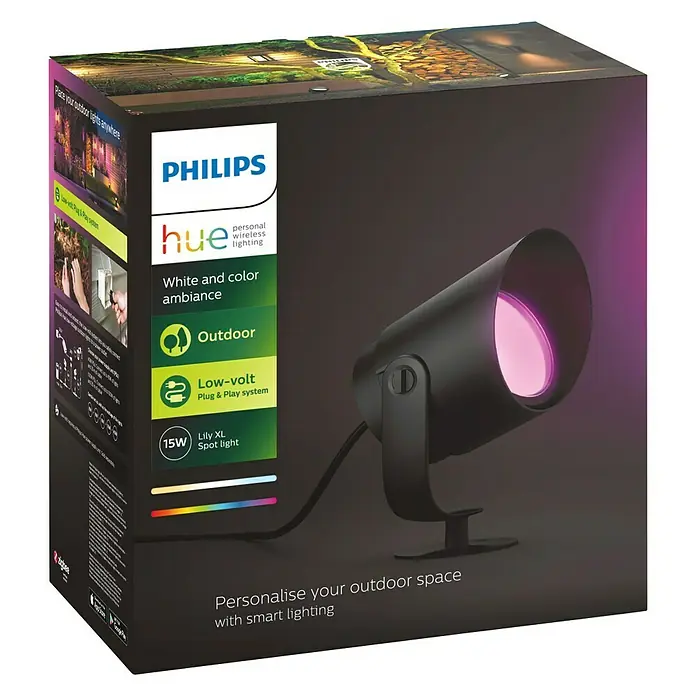 Philips Hue LED-Gartenspot Lily - Höhe: 19 cm - Produktverpackung der Philips Hue Lily XL Spot Light Gartenleuchte, die intelligente und farbige Beleuchtung für den Außenbereich ermöglicht.