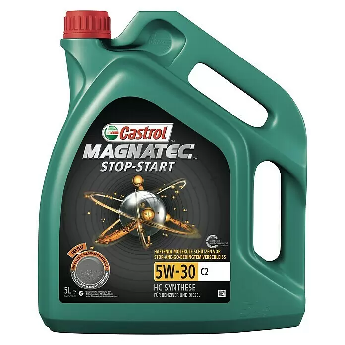Castrol Magnatec Aceite para motores de alto rendimiento Stop-Go - 5 l, 5W-30, C2 - Una botella de plástico verde de aceite de motor Castrol Magnatec Stop-Start 5W-30 C2 con tapón rojo y etiqueta.