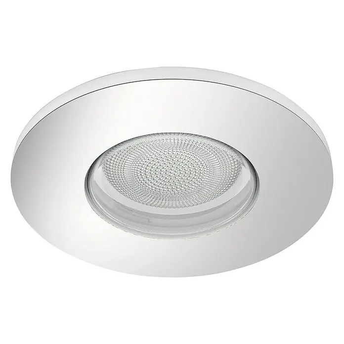 Philips Hue LED-Einbauleuchte rund Xamento White & Color Ambiance - 5,5 W, Ø x H: 93 mm x 10 cm, Chrom, Transparent, RGBW, IP44 - Nahaufnahme einer runden, versenkten LED-Deckenleuchte mit einem hellen, strukturierten Diffusor und einer glänzenden, weißen Einfassung.