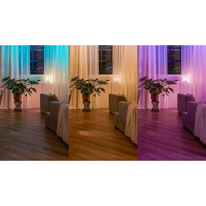 Philips Hue Funk-Schaltermodul - Passend für: Alle Philips Hue Lampen, 2 Stk. - Drei Beleuchtungsszenarien mit smarten LED-Lampen. Farbenfrohe Akzente in einem Wohnzimmer mit verschiedenen Farbvarianten.