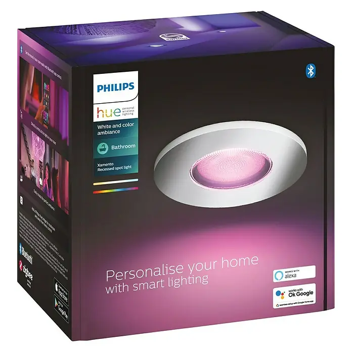 Philips Hue LED-Einbauleuchte rund Xamento White & Color Ambiance - 5,5 W, Ø x H: 93 mm x 10 cm, Chrom, Transparent, RGBW, IP44 - Philips Hue Xamento Decken-Einbaustrahler für das Badezimmer mit Farbwechsel und intelligenter Steuerung für ein personalisiertes Beleuchtungserlebnis.