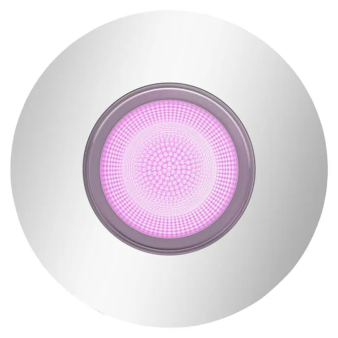 Philips Hue LED-Einbauleuchte rund Xamento White & Color Ambiance - 5,5 W, Ø x H: 93 mm x 10 cm, Chrom, Transparent, RGBW, IP44 - Nahaufnahme einer runden, weiß umrandeten LED-Lampe mit einem rosa leuchtenden Innenkreis.