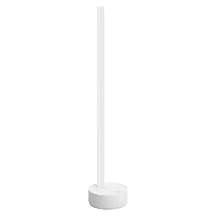 Philips Hue LED-Tischleuchte GRADIENT SIGNE - L x B x H: 11 x 11 x 55,3 cm, Weiß, RGBW - Die Abbildung zeigt ein modernes, weißes Designobjekt, das als schlanke Stele mit einem runden Sockel fungiert. Es könnte eine Lampe oder ein minimalistisches Möbelstück sein.