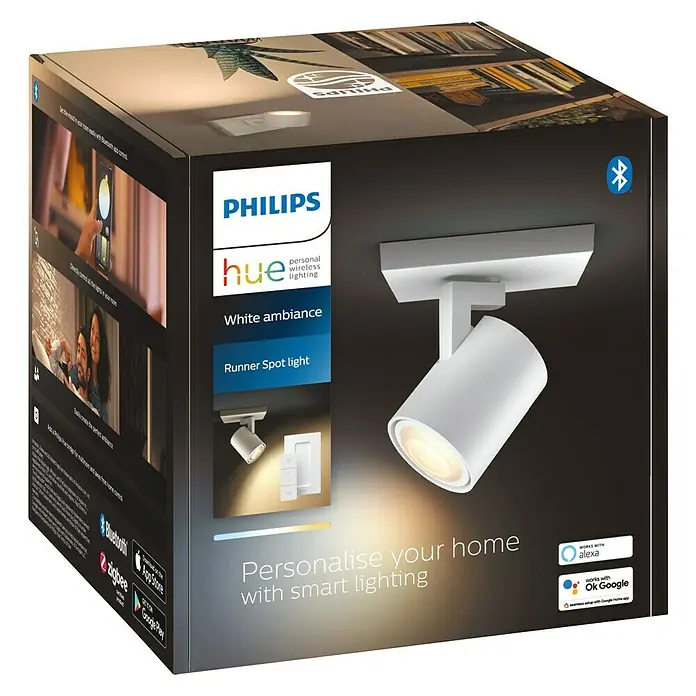 Philips Hue LED-Deckenstrahler White Ambiance Runner - 4,2 W, L x B x H: 9 x 11 x 10,7 cm, Weiß, Mehrfarbig, 1 Stk. - Verpackung des Philips Hue Runner Spotlights mit "White Ambiance"-Funktion und Smart-Home-Kompatibilität für individuelles Licht.