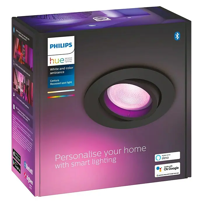 Philips Hue LED-Einbauleuchte Centura White & Color Ambiance - 5,7 W, RGBW, Durchmesser: 9 cm, Schwarz - Das Bild zeigt die Verpackung einer Philips Hue Centura Einbauleuchte für eine stimmungsvolle, smarte Beleuchtung in Weiß und Farbe.