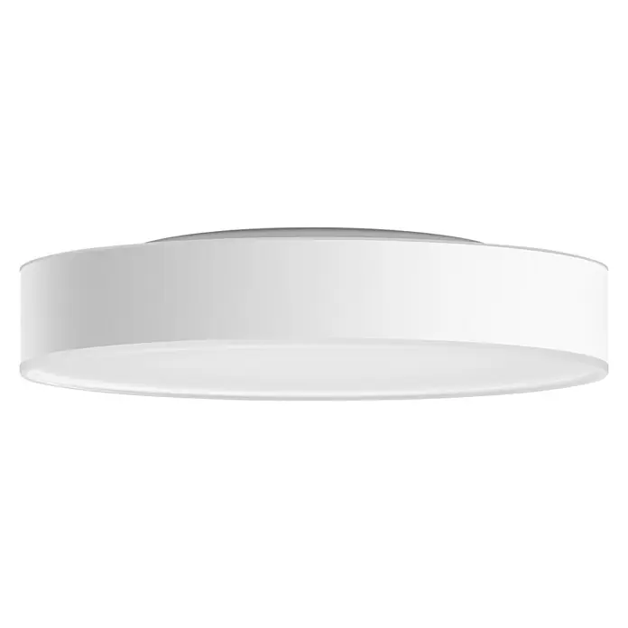 Philips Hue LED-Deckenleuchte rund White Ambience Enrave M - 19 W, Ø x H: 38,1 x 8,4 cm, Weiß, Kaltweiß - Nahaufnahme einer weißen LED-Deckenleuchte mit sanfter Ausleuchtung vor einem neutralen, dunklen Hintergrund.