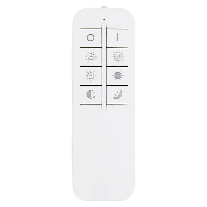 Lavida LED-Deckenleuchte - 50 W, L x B x H: 50 x 50 x 6,5 cm, Weiß, Schwarz, Warmweiß - Nahaufnahme einer weißen Fernbedienung mit verschiedenen Symbolen zur Steuerung der Beleuchtung oder anderer Geräte.