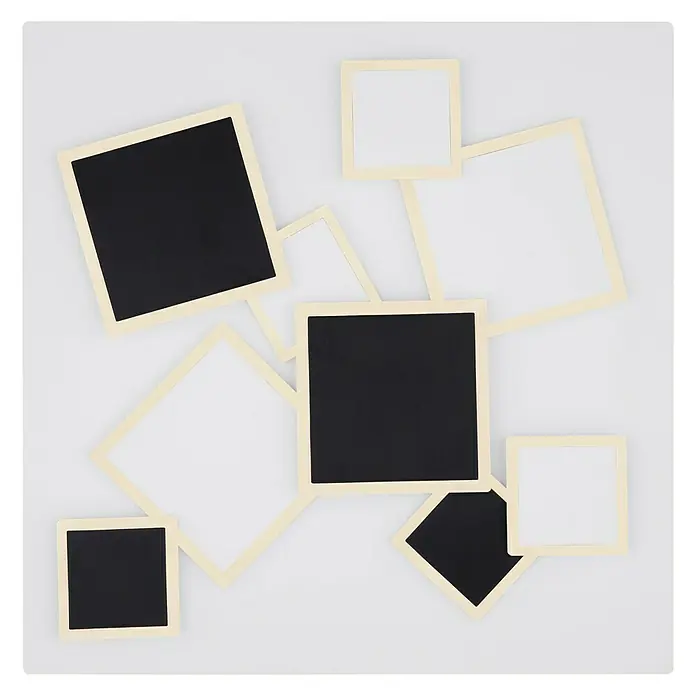 Lavida LED-Deckenleuchte - 50 W, L x B x H: 50 x 50 x 6,5 cm, Weiß, Schwarz, Warmweiß - Eine Draufsicht auf eine Sammlung quadratischer Holzrahmen, einige mit schwarzer und andere mit weißer Füllung, auf einem weißen Hintergrund.