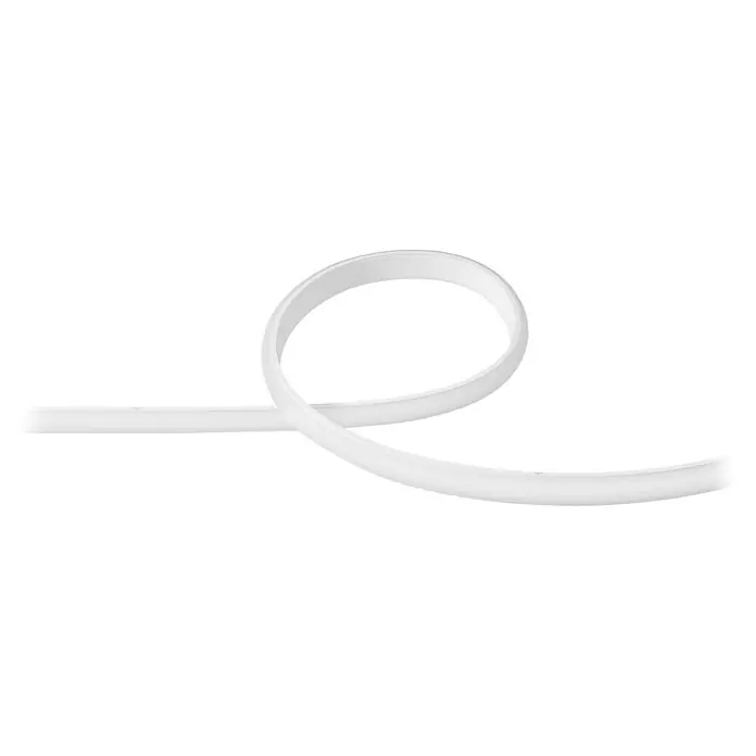 Philips Hue LED-Band Ambiance Gradient Basis - Länge: 2 m, RGBW - Weißes flexibles LED-Neonband mit einer auffälligen Schleifenform auf schwarzem Hintergrund. Ideal für dekorative Beleuchtung.