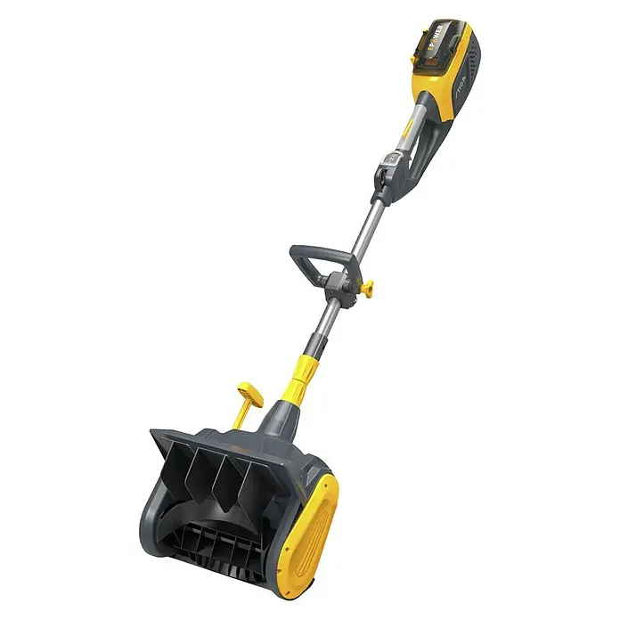 Stiga Akku-Schneefräse ST 300e - 48 V, 2 Ah, Arbeitsbreite: 30 cm - Das Bild zeigt einen gelb-grauen Stiga Akku-Schneefräse mit einem verstellbaren Griff, ideal für Hausbesitzer.
