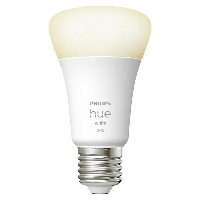Philips Hue Bombilla LED White - E27, Intensidad regulable, Blanco cálido, 1.055 lm, 9,5 W, 1 ud. - Una bombilla LED inteligente Philips Hue White 1100 que proporciona una luz cálida y regulable para crear un ambiente confortable.