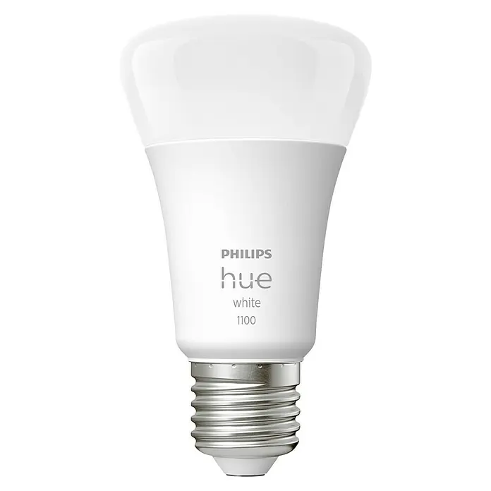 Philips Hue Bombilla LED White - E27, Intensidad regulable, Blanco cálido, 1.055 lm, 9,5 W, 1 ud. - Primer plano de una bombilla LED Philips Hue White 1100, que ofrece iluminación inteligente con alto brillo y fácil control.