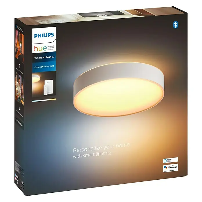 Philips Hue LED-Deckenleuchte rund White Ambience Enrave M - 19 W, Ø x H: 38,1 x 8,4 cm, Weiß, Kaltweiß - Das Philips Hue Enrave M Deckenlicht in Weiß, die perfekte Ergänzung für Ihr intelligentes Zuhause, für ein personalisiertes Beleuchtungserlebnis.
