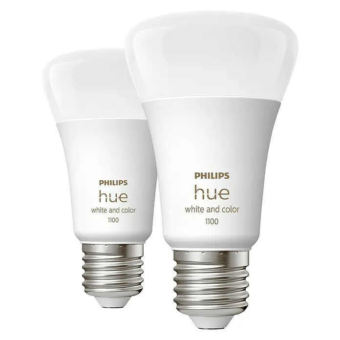 Philips Hue Smart-LED-Lampen Set White & Color - E27, Dimmbar, RGBW, 1.100 lm, 11 W, 2 Stk. - Zwei Philips Hue White and Color 1100 Glühbirnen im Fokus, die intelligente Beleuchtung für Ihr Zuhause bieten.