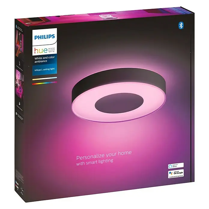 Philips Hue LED-Deckenleuchte rund Waca Infuse - Ø x H: 43 x 8,4 cm, Schwarz - Produktverpackung der Philips Hue Infuse L Deckenleuchte mit Farbwiedergabe und intelligenter Steuerung für ein personalisiertes Ambiente.