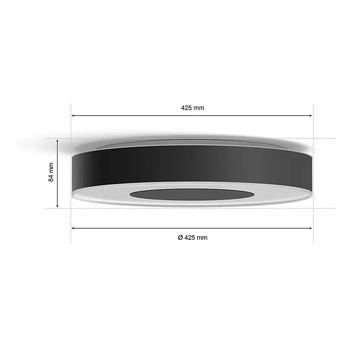 Philips Hue LED-Deckenleuchte rund Waca Infuse - Ø x H: 43 x 8,4 cm, Schwarz - Ein modernes, rundes LED-Deckenpanel mit einem Durchmesser von 425 mm und einer Höhe von 84 mm, ideal für zeitgenössische Innenräume.