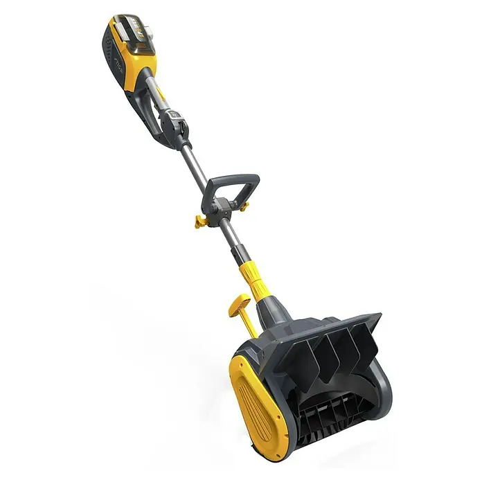Stiga Akku-Schneefräse ST 300e - 48 V, 2 Ah, Arbeitsbreite: 30 cm - Das Bild zeigt eine graue und gelbe STIGA Akku-Schneefräse, ideal für die Schneeräumung auf Gehwegen und Einfahrten.
