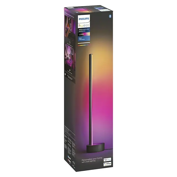 Philips Hue LED-Tischleuchte Gradient Signe - L x B x H: 11,1 x 11,1 x 55,3 cm, Schwarz, Mehrfarbig - Die Verpackung der Philips Hue Signe Tischleuchte Gradient, die eine farbenfrohe und intelligente Beleuchtung für Ihr Zuhause bietet.