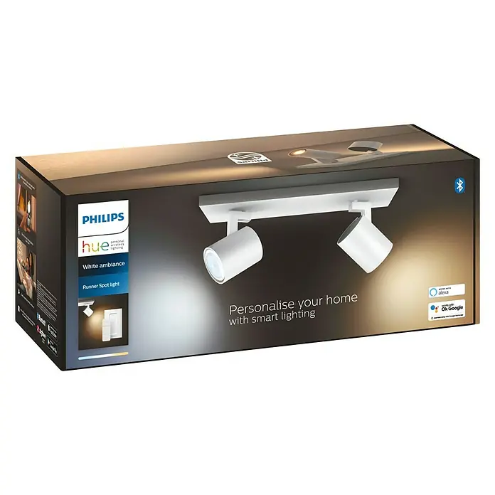 Philips Hue LED-Deckenstrahler RunnerL x B x H: 30,5 x 8,9 x 10,9 cm, 2 Stk. - Die Philips Hue White Ambiance Runner Spotleuchte, eine intelligente Beleuchtungslösung für Ihr Zuhause, in der Produktverpackung.