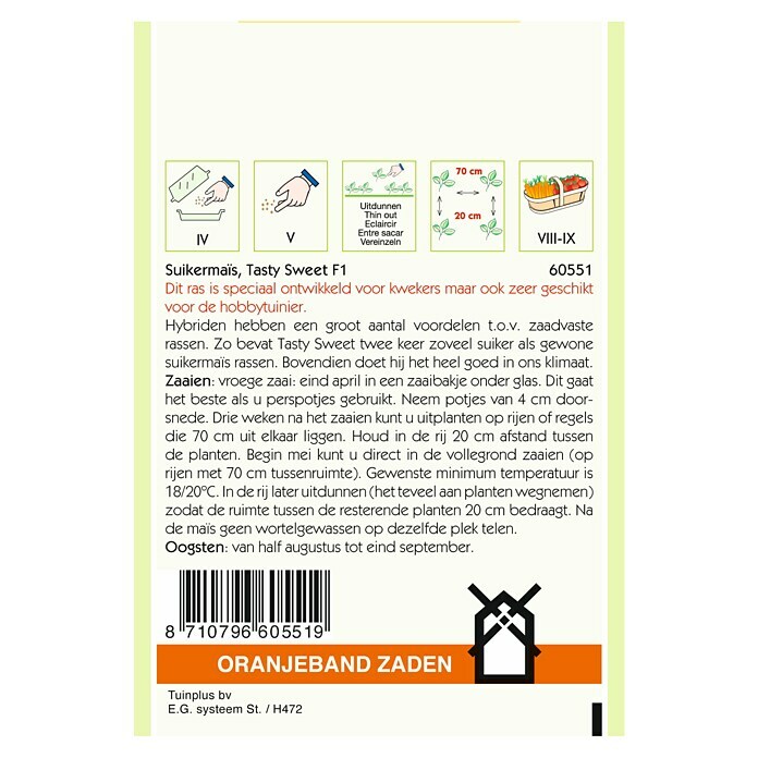 Oranjeband Groentezaden Suikermais Tasty Sweet F1 (Zea mays, Zaaitijd: Mei, Oogsttijd: Augustus, 10 g) | BAUHAUS