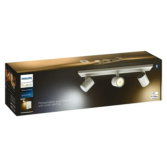 Philips Hue LED-Deckenstrahler White Ambiance RunnerL x B x H: 48 x 9 x 11 cm, 3 Stk. - Verpackung einer Philips Hue White Ambiance Runner Spot Light Leuchte mit drei Strahlern zur individuellen Beleuchtung des Zuhauses.